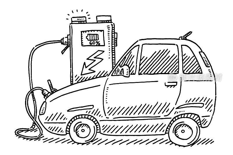 Cartoon Electric Car At Charging Station Drawing